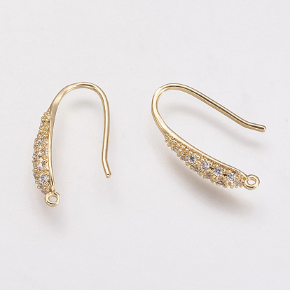 Brass Micro Pave Cubic Zirconia Earring Hooks, with Horizontal Loop, Real 18K Gold Plated