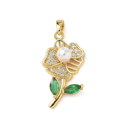 Латунные микро проложить кубического циркония подвески, цветок, с abs имитационными жемчужными бусинами 