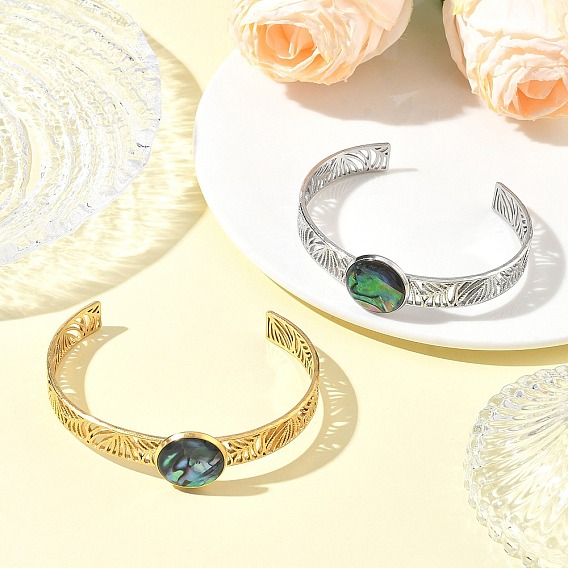 2Pcs 2 Colors Natural Abalone Shell Paua Shell 304 Stainless Steel Hollow Open Cuff Bangle Sets with Enamel, Flat Round