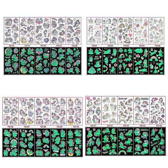 Светящиеся съемные наклейки для временных татуировок с радужным единорогом, Светящийся в темноте пластиковый водонепроницаемый единорог любит украшения для детей