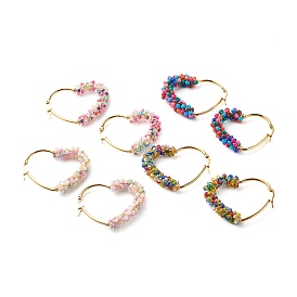 Heart Glass Seed Beaded Hoop Earrings for Girl Women, with 304 Stainless Steel Ear Wire, Golden