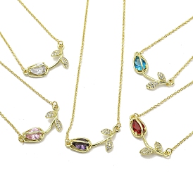 Brass Micro Pave Clear Cubic Zirconia Pendant Necklaces, with Glass, Cadmium Free & Lead Free, Flower