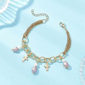 Браслеты с подвесками в виде креста из натурального жемчуга и риса из нержавеющей стали для женщин, слива