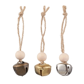 3Pcs 3 Colors Iron Bell Pendant Decoration, Wood Beads and Jute Cord for Home Door Hanging Ornaments