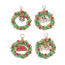 Christmas Theme Handmade Weave Seed Beads Pendants, with Alloy Gift Charms, Christmas Wreath