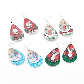 Christmas Theme, PU Leather Teardrop Dangle Earrings, with Brass Earring Hooks, Platinum