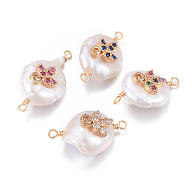 Liens / connecteurs en perles naturelles, avec les accessoires de zircons en laiton, pépites avec feuille, or