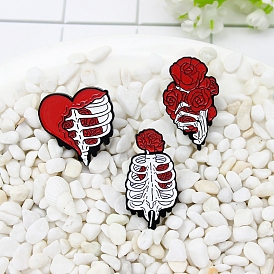 Rib Cage/Skeleton Hand with Rose Safety Brooch Pin, Alloy Enamel Badge for Suit Shirt Collar