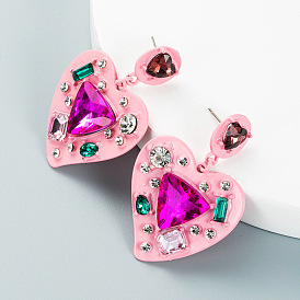 Sparkling Heart-shaped Earrings with Creative Alloy Spray Paint and Rhinestone Decoration - Fashionable and Unique Ear Studs for Girls
