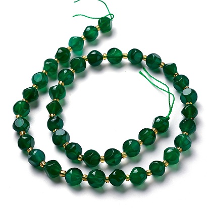 Natural Green Agate Beads Strands, with Seed Beads, Dyed & Heated, Six Sided Celestial Dice
