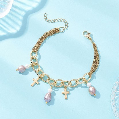Браслеты с подвесками в виде креста из натурального жемчуга и риса из нержавеющей стали для женщин, слива
