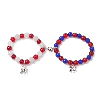 2piezas 10mm conjuntos de pulseras elásticas con cuentas redondas de piedras preciosas, vidrio y ojo de gato para amantes, Pulseras con dijes de aleación de araña de Halloween con cierres magnéticos de corazón para mujeres y hombres.