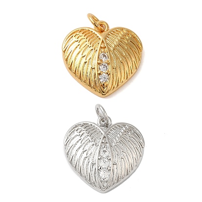 Rack Plating Brass & Clear Cubic Zirconia Pendants, Cadmium Free & Lead Free, Long-Lasting Plated, Heart, with Jump Ring