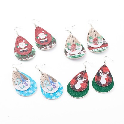 Christmas Theme, PU Leather Teardrop Dangle Earrings, with Brass Earring Hooks, Platinum