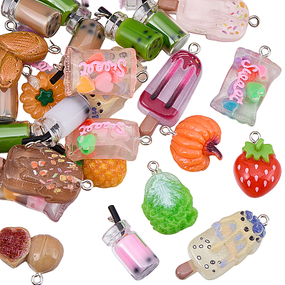 40Pcs 5 Styles Opaque Resin Pendants, Imitation Food, with Platinum Plated Iron Loops, Mixed Shapes