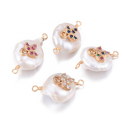 Liens / connecteurs en perles naturelles, avec les accessoires de zircons en laiton, pépites avec feuille, or