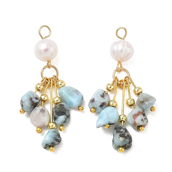 Colgantes con borlas de larimar natural y perlas de agua dulce naturales, encantos de papas fritas