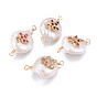 Natural Pearl Links/Connectors, with Brass Cubic Zirconia Findings, Nuggets with Leaf, Golden