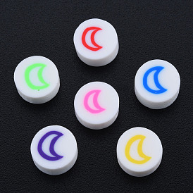 Handmade Polymer Clay Beads, Flat Round with Moon