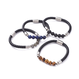 Unisex Leather Cord Bracelets, with Natural Gemstone Round Beads, 304 Stainless Steel Magnetic Clasps and Rondelle Beads, with Cardboard Packing Box