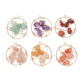 Natural Gemstone Nuggets Copper Wire Wrapped Flat Round Pendants, Pentagram Charms, Golden