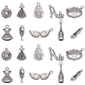 100 шт 10 стили подвески из сплава в тибетском стиле, брелоки, без свинца и без кадмия, маска и обувь и бутылка вина и платье и шляпа