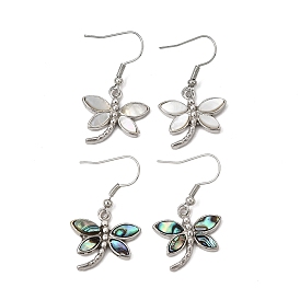 Rack Plating Brass Dangle Earrings for Women, with Shell, Dragonfly, Platinum