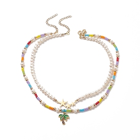 2 шт. 2 стили сплав эмали дерево и звезда кулон ожерелья комплект, составные ожерелья для женщин с натуральным жемчугом и стеклянными бусинами