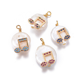 Pendentifs de perles d'eau douce de culture naturelle, avec accessoires zircon cubique micro pave en laiton, pépites avec note de musique, or