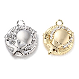 Brass with Cubic Zirconia Charms, Flat Round with Star