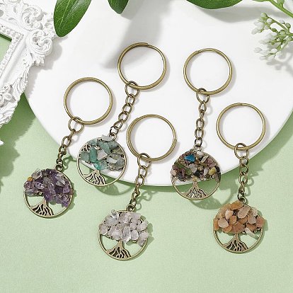 Natural Mixed Gemstone Keychains, with Iron Split Key Rings and Alloy Findings, Flat Round with Tree of Life