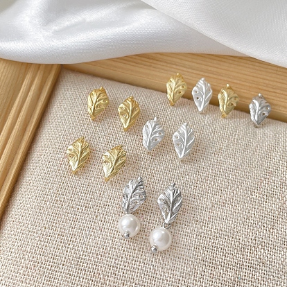 Leaf Shape Brass Stud Earring Finding, with Loops