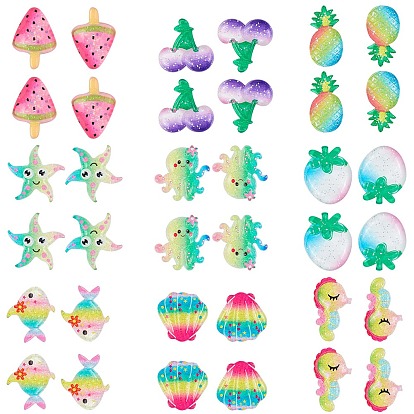 Resin Cabochons, with Glitter Powder, Watermelon, Grape, Pineapple, Peach, Starfish, Shell, Fish, Octopus, Sea Horse