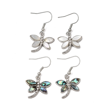 Rack Plating Brass Dangle Earrings for Women, with Shell, Dragonfly, Platinum