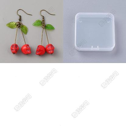 1 Pair Colorful Synthetic Turquoise Skull Cherry Dangle Earrings, Iron Long Drop Earrings for Women