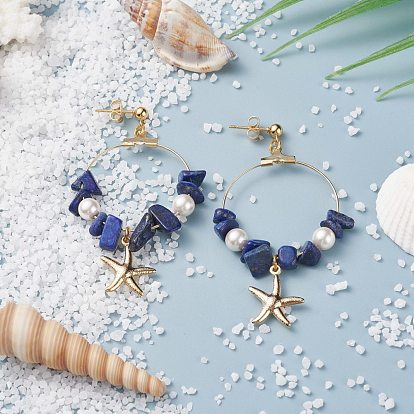 Fábrica de China Aretes colgantes de perlas de viruta de piedra natural mezclada, anillo con estrella de mar pendientes mujer, dorado 60 mm, pin: 0.7 mm, perlas: 7~12x5~10.5x2~6 mm, estrella: