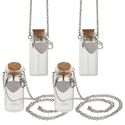 4шт. стеклянные пробковые бутылки желаний с подвеской в виде сердца из сплава и железной цепью, старинное серебро и платина