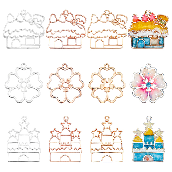 18Pcs 9 Styles Alloy Open Back Bezel Pendants, For DIY UV Resin, Epoxy Resin, Pressed Flower Jewelry, Cadmium Free & Lead Free, Castle