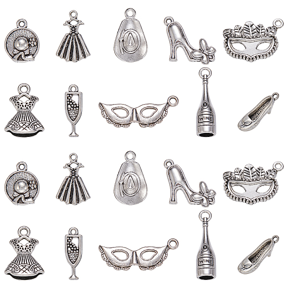 100 шт 10 стили подвески из сплава в тибетском стиле, брелоки, без свинца и без кадмия, маска и обувь и бутылка вина и платье и шляпа