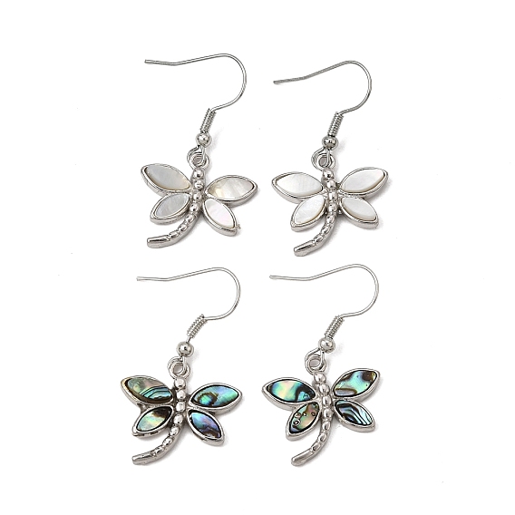Rack Plating Brass Dangle Earrings for Women, with Shell, Dragonfly, Platinum