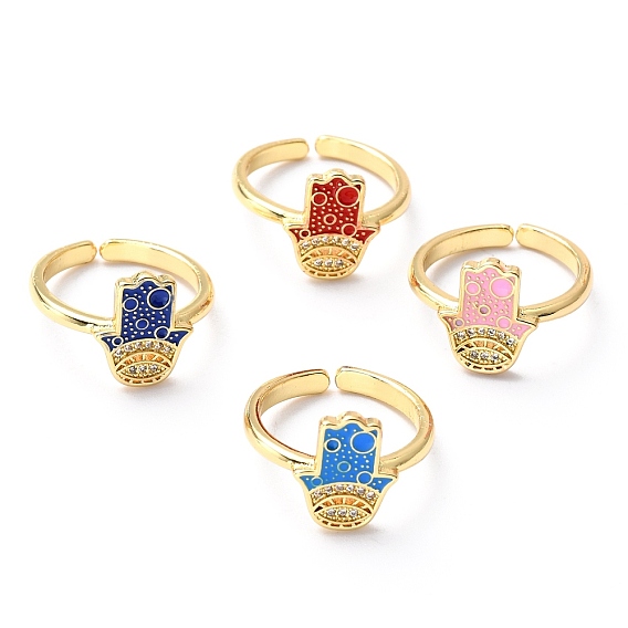 Регулируемые кольца на пальцах из латунной эмали, покрытые золотом 18 k, манжеты кольца, с четким кубического циркония, hamsa рука / рука fatima / рука miriam
