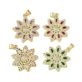 Brass Micro Pave Cubic Zirconia Pendants, with Glass, Real 18K Gold Plated, Flower