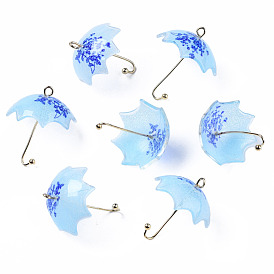 Printed Acrylic Pendants, with Golden Plated Brass Findings, 3D Umbrella with Flower Pattern