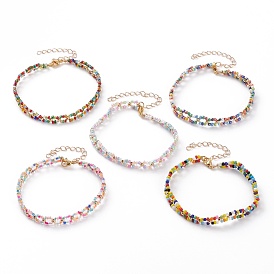 Glass Seed Beaded Bracelets, with 304 Stainless Steel Lobster Claw Clasps and Brass Round Beads, Golden