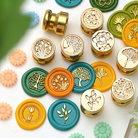 Golden Tone Round Wax Seal Brass Stamp Heads, for Wax Seal Stamp, Mini Plant Series