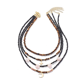4Pcs 4 Style Brass Moon & Star Pendant Necklaces Set, Natural Tiger Eye & Rose Quartz & Glass Seed Beaded Stackable Necklaces for Women