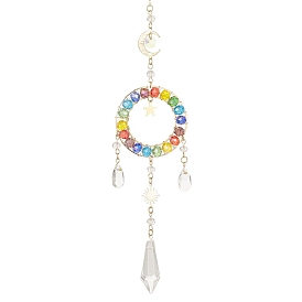 Décoration pendentif en forme de larme/cône en verre, avec lien soleil/lune en laiton et anneau rond en perles de verre, pour la décoration