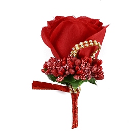 Cloth Rose Flower Boutonniere Brooch with Rhinestone, Iron Lapel Pin for Wedding Party