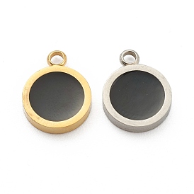 Fashion 304 Stainless Steel Enamel Charms, Flat Round, Black