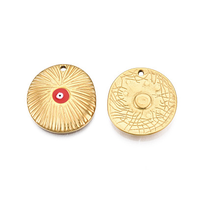 304 Stainless Steel Enamel Pendants, Real 18K Gold Plated, Flat Round with Evil Eye
